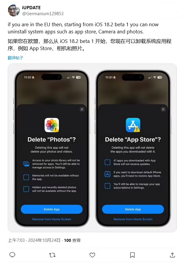 顺义苹果手机维修分享iOS 18.2 支持删除 App Store 应用商店 