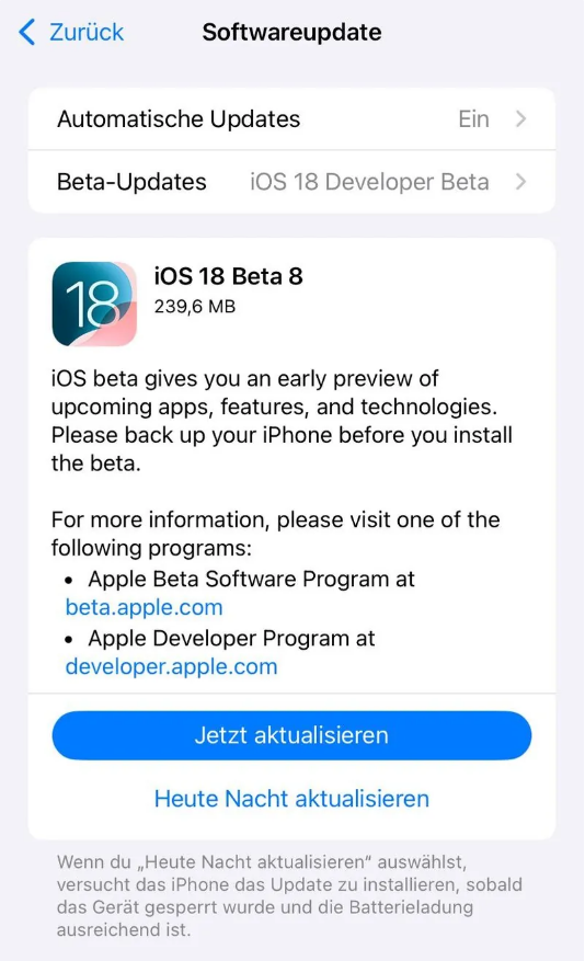 顺义苹果手机维修分享苹果 iOS / iPadOS 18 开发者预览版 Beta 8 发布 